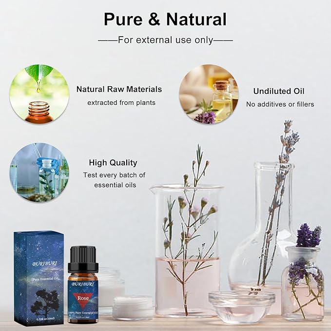 BURIBURI Rose Essential Oil for Diffuser, Massage, Soap, Candle, Perfume Making - 100% Pure, Undiluted, Natural, Organic Aromatherapy - 10ml - Romantic Rose Scented Oil for Women