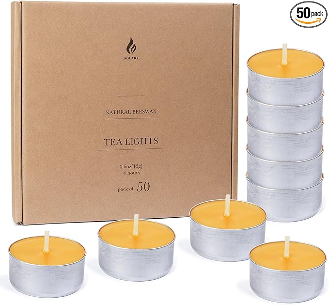 50-Pack Pure Beeswax Tealight Candles in Aluminum Cups - 4-5 Hour Burn Time, Lead-Free Cotton Wick, Natural Unscented Candles