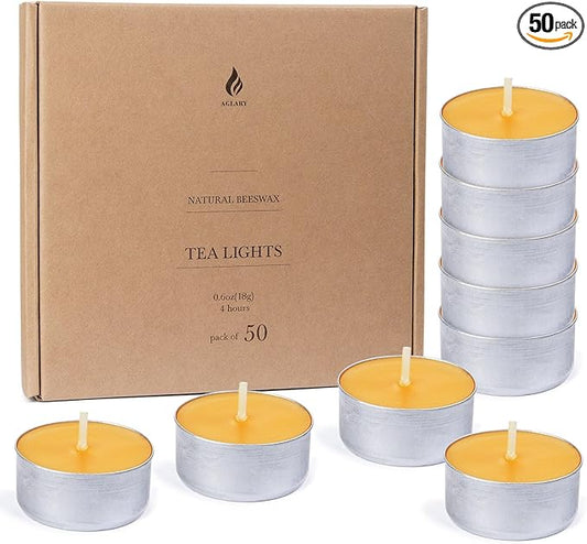 50-Pack Pure Beeswax Tealight Candles in Aluminum Cups - 4-5 Hour Burn Time, Lead-Free Cotton Wick, Natural Unscented Candles