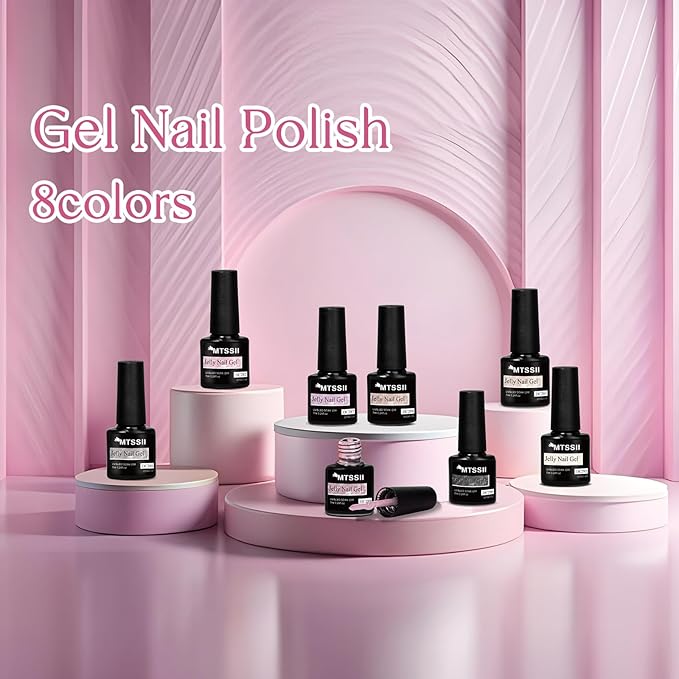 MTSSII 8 Colors Jelly Gel Nail Polish Set, Transparent Nude Pink Black Grey Sheer Nail Polish, UV Gel for Nail Manicure DIY Art Salon Home
