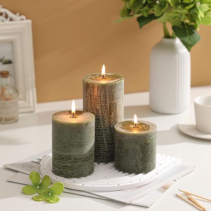 3x4 Inch Moss Green Pillar Candles - Set of 3, Long Clean Burning, Smokeless Dripless Candles for Spring Home Decor, Dinner Table, Bathroom, Rustic Decor