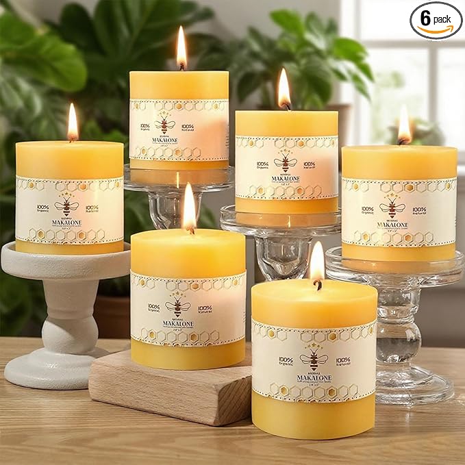6 Pack Natural Beeswax Candles,270 Hours Long Burning-Bees Wax Candles for Home,100% Pure Beeswax Pillar Candle for Emergency,Paryer,Parties,Unscented Dripless Smokeless Pillar Candle Bulk 2.8x3in