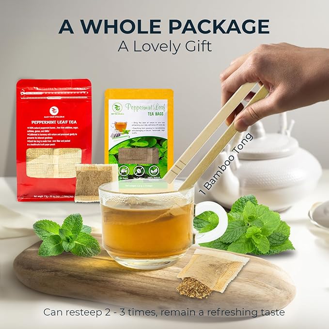 Peppermint Tea Bags - 15 Count, Mini Tea Samplers, Bamboo Tong Included, Re-Steep Herbal Tea, Cool Fresh Breath, Warm Heat, Stomach Relief, Relax, Support