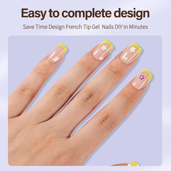 Misssix XBASICTIPS Yellow French Tip Press On Nails, 150Pcs French Gel Nail Tips Short Square, Soft Gel Pre-shaped No Need to File 3 in 1 Tips, Fake Nails for Nail Art DIY Extension Designs 15 Sizes