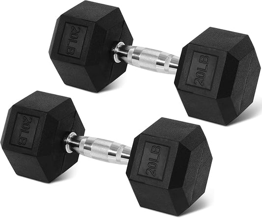 Rubber Encased Hex Weights Dumbbells Set of 5 – 50 lb Pair | Cast Iron Hand Weights with Anti-Slip Grip for Home Gym Strength Training