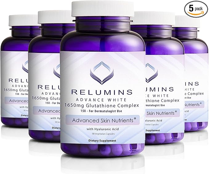 Relumins 1650mg L-Glutathione Complex with Hyaluronic Acid, Alpha Lipoic Acid, Rose HIPS, Vitamin E & Riboflavin, Antioxidant Support, Skin Hydration & Wellness, Made in USA – 90 Capsules x 5 Bottles