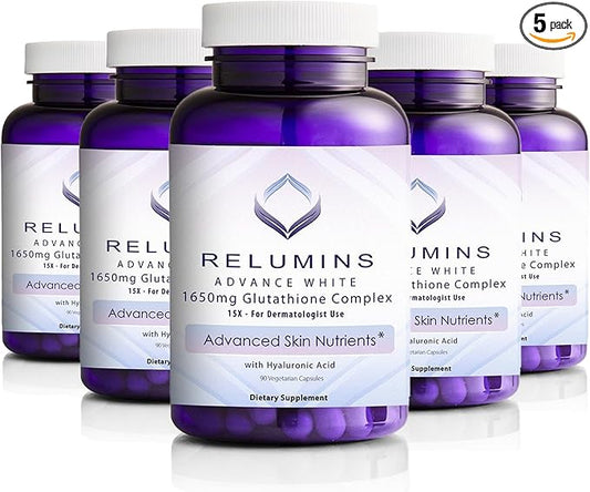 Relumins 1650mg L-Glutathione Complex with Hyaluronic Acid, Alpha Lipoic Acid, Rose HIPS, Vitamin E & Riboflavin, Antioxidant Support, Skin Hydration & Wellness, Made in USA – 90 Capsules x 5 Bottles