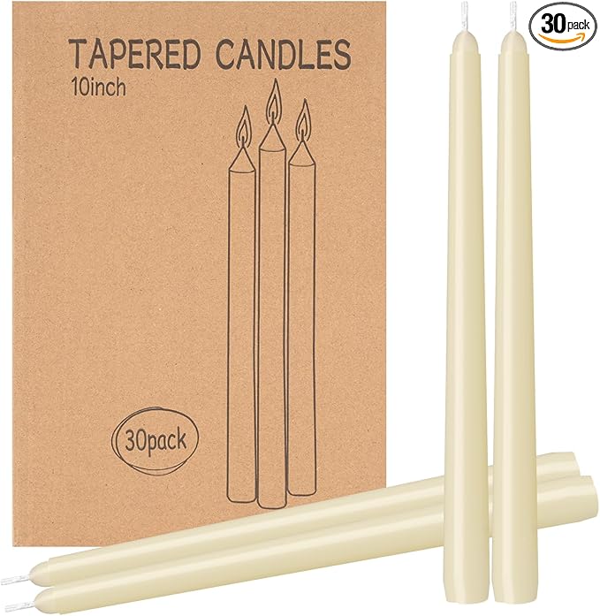 30 Pack Ivory Taper Candles - 10 inch Dripless, Smokeless, and Unscented - Long Burning for 8 Hours - Hand Poured Tall Candlesticks - Ideal for Special Occasions and Home Decor