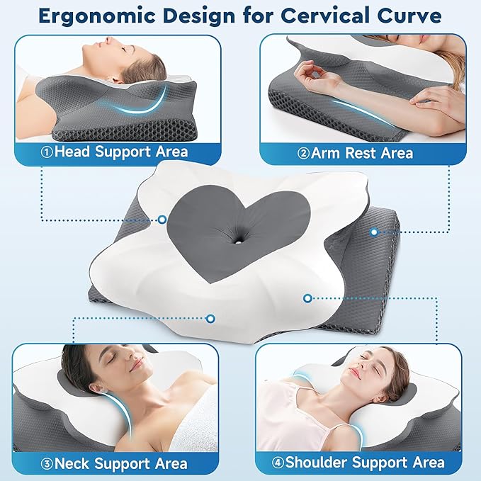Cervical Neck Pillow, Memory Foam Neck Support Pillows for Sleeping, Shoulder Pillow for Side Sleepers, Back Stomach Sleepers, CertiPUR-US Certified, Queen Size, Grey