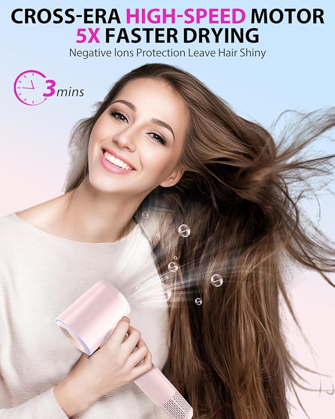 Hair Dryer,180000 RPM High-Speed Hair Blow Dryer with Brushless Motor, 500 Millions Negative Ionic Hair Dryer for Fast Drying, Quiet Thermo-Control Travel Hair dryers for Women Home Salon (Pink)