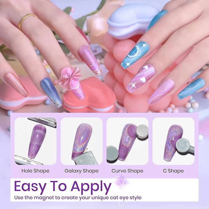 Rainbow Cat Eye Nail Gel Polish Set, Sparkle Holographic 9D Cateye Nail Polish Gels Magnetic Gel Soak Off Lamp Gels Varnish Nail Salon Kit (0.24fl oz)