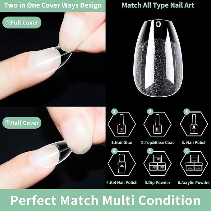 Short Coffin Nail Tips, 216pcs Acrylic Ballerina Soft Fake Nails Gel Nail Tips, Full Cover Pre-Shaped Matte Clear Press on Nails for Extension, Diy at Home Manicure 12 Sizes