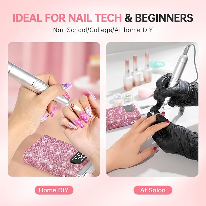Rechargeable 35000RPM Nail Drill Sparkling Portable Professional Electric Nail File for Acrylic/Gel Nails Professional Nail Tools for Manicure Pedicure, Pink