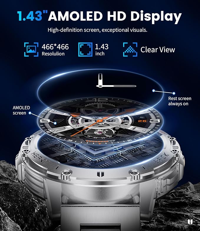 LIGE 1.43" AMOLED Smart Watch for Men with Flashlight, Bluetooth Calling, 100+ Sport Modes, 530mAh, IP68 Waterproof Fitness Tracker for Workout, iOS Android Compatible, Silver Steel