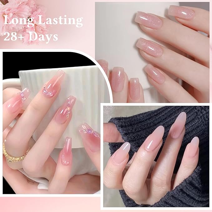 MTSSII 18 Pcs Jelly Gel Nail Polish Set, Pink Nude Sheer White Red Glitter Nail Polish Kit Translucent Soak Off UV Gel Long Lasting Suitable for Home and Salon