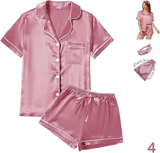 4Pcs Womens Satin Silky Pajama Sets Short Sleeve Shirt XS-4XL Floral Pajamas Set Soft PJ Loungewear Sleepwear