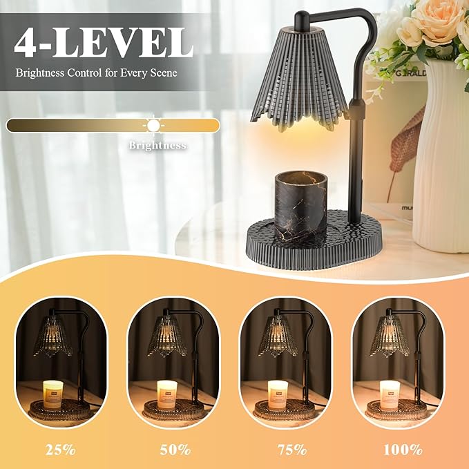 Candle Warmer Lamp with Adjustable Height - Flameless 4-Level Dimmable Wax Warmer, Timer Function & Stylish Design in Multiple Colors（Black）