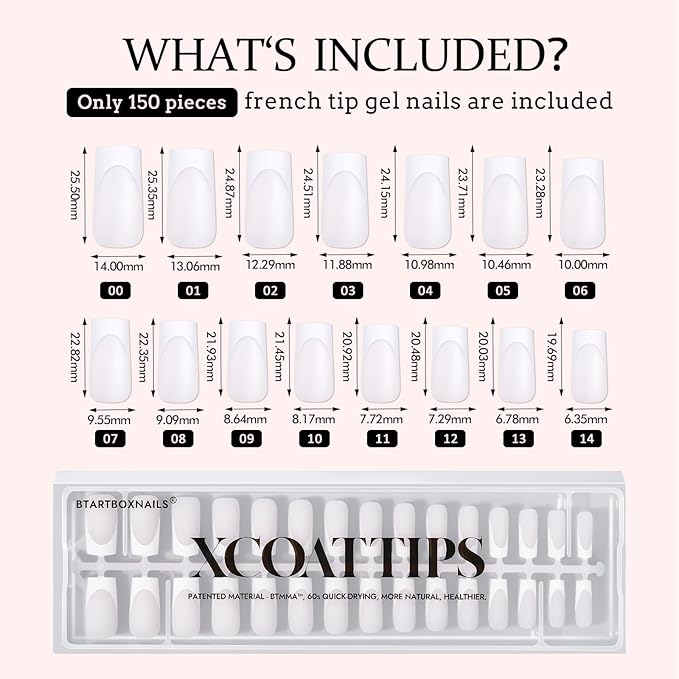 BTArtboxnails French Tip Press on Nails - 150pcs XCOATTIPS Long Square Modern French Tip Nails, White on White Soft Gel Nail Tips Pre-applied Tip Primer & Base Coat, No Need File False Nails