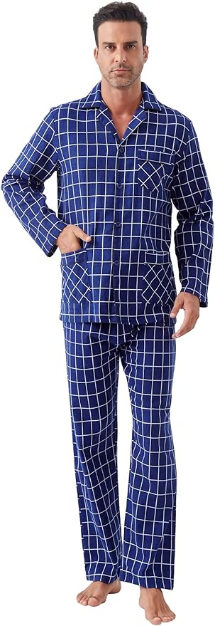 GLOBAL Men's Pajamas Sets 100% Cotton Flannel Sleepwear Long-Sleeve top & Bottom