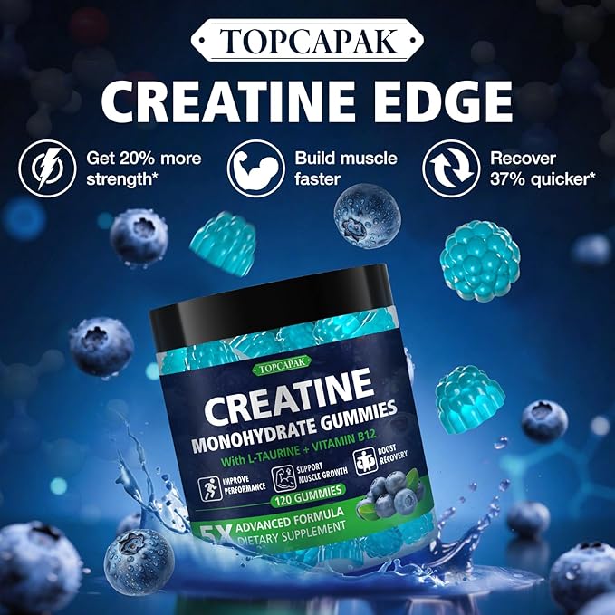 Creatine Monohydrate Gummies for Men & Women - Blueberry Flavor, Raspberry-Shaped - Chewable Creatine Gummy with Taurine & Vitamin B12, 5g Creatine per Serving, 120 Gummies