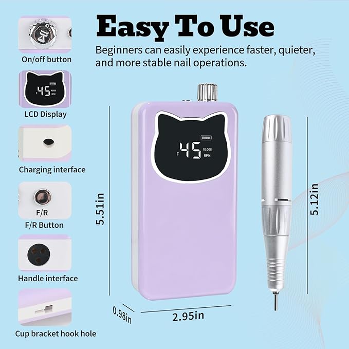 Professional Nail Drill File 45000RPM Electric Portable Nails Drills Kit with Rechargeable 7 uñas Bits Cordless Efile for Poly Gel Acrylic Nails Remover Home Salon Pedicure Manicure Tool (Purple)