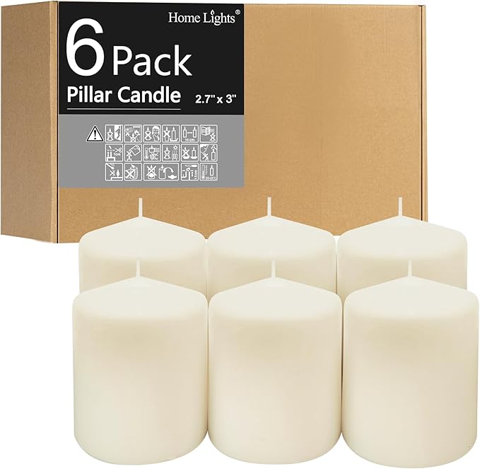 Pillar Candles - 2.7x3 inch | 30 Hours Burning, 6 Count - White Unscented Smokeless European Pillar Candles - Perfect for Wedding, Parties, Spas, Home Gatherings and Dinner
