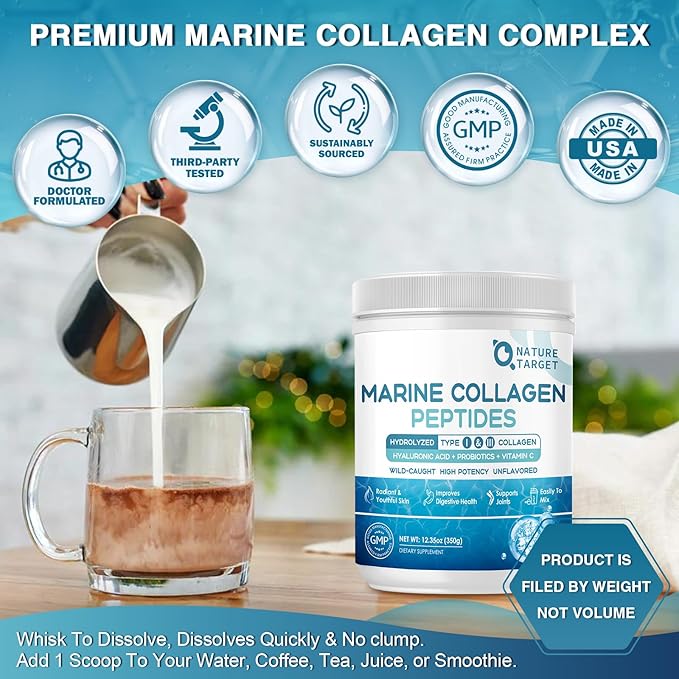 NATURE TARGET Marine Collagen Peptides Powder - Type I & III Collagen with Probiotics, Vitamin C & Hyaluronic Acid for Skin, Hair, Nails, Wild-Caught Fish & Grass-Fed Bovine, 35 Servings (Pack of 2)