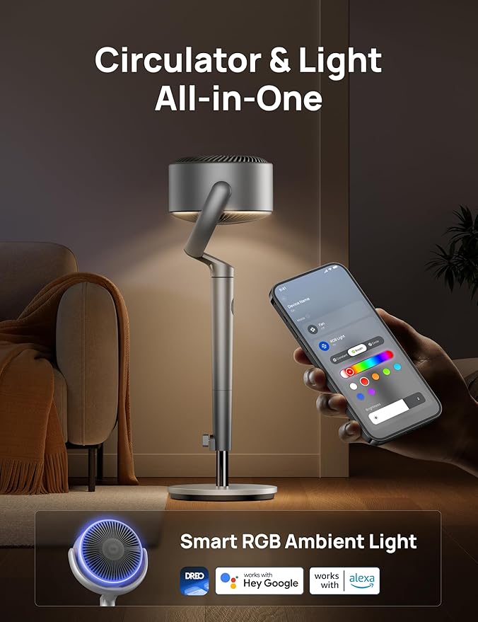 Dreo Smart Fans for Bedroom, 120° +120° Omni-Directional Oscillating Fan, 90ft Quiet Pedestal Fan with RGB Light, 9 Speeds, 6 Modes, 20dB, 8H Timer, Wi-Fi/Voice, 37-42" Floor Fans with Remote, Silver