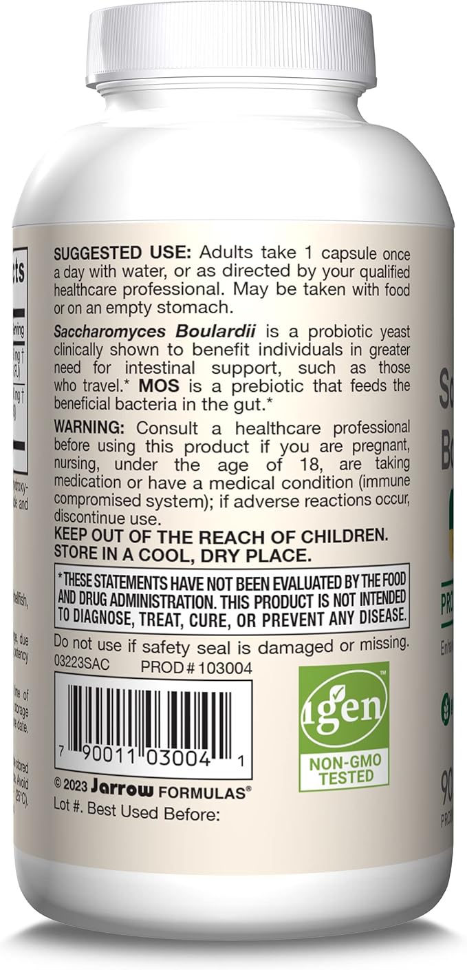 Jarrow Formulas Saccharomyces Boulardii Probiotics + MOS 5 Billion CFU Probiotic Yeast for Intestinal Health Support, Gut Health Supplements for Women and Men, 90 Veggie Caps, 90 Day Supply,Pack of 12