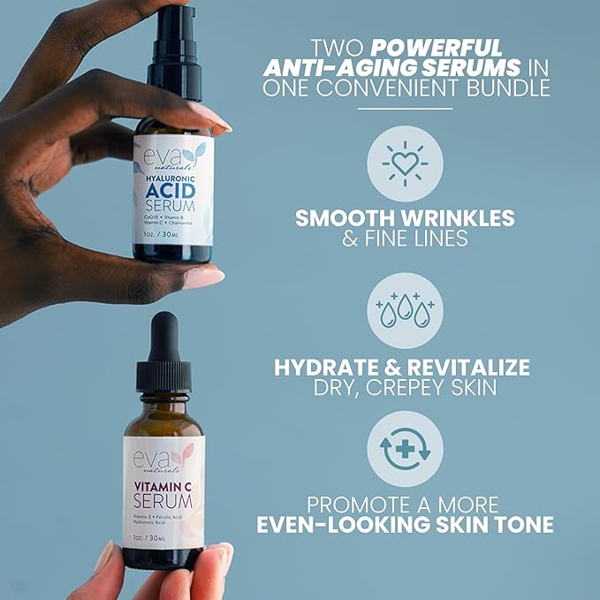 Eva Naturals Hydrate & Brighten Serum Set – Vitamin C with Ferulic Acid & Vitamin E + Hyaluronic Acid for Face, Dark Spots, Wrinkles, Uneven Tone, Anti-Aging Skincare Bundle for Radiance & Moisture