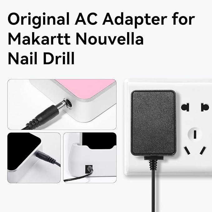 Makartt Original Power Charger Adapter for Nouvella Nail Drill, 12V 1.5A AC-DC Battery Supply for 35000RPM Rechargeable Electric File Manicure Tech Art Salon Home DIY Use