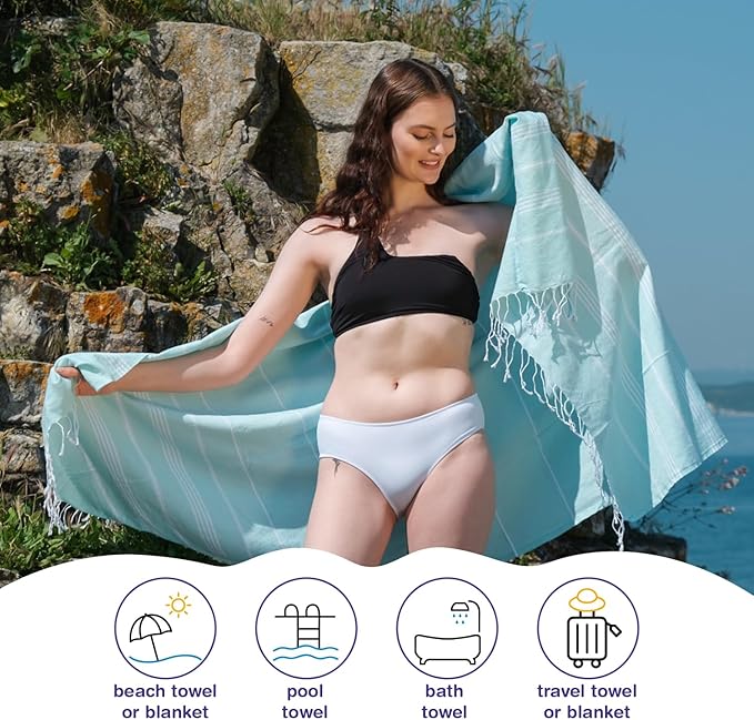 Turkish Beach Towels, Pack of 4 | Oversized, Quick Dry, Sand Free | 100% Cotton, Large 38x71 Towels for Beach, Pool, Travel | Ultra-Soft, Compact, and Absorbent | Aquamarine