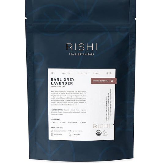 Rishi Tea Earl Grey Lavender Loose Leaf Pure Black Tea - Organic with Bergamot Oil and Lavender Flowers, Energizing & Caffeinated - 4 Ounces, 12+ Servings