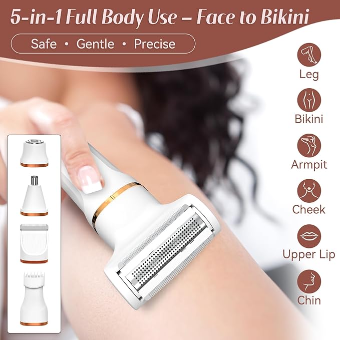 5-in-1 Bikini Trimmer for Women, IPX7 Waterproof Electric Razors Shaver, Cordless Body Hair Trimmer, Facial & Pubic Hair Removal, Ceramic Blade (White)
