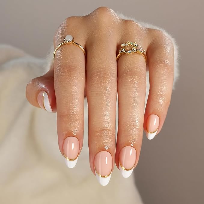 White French Tip Press on Nails with Gold Line Design - Soft Gel Almond Nails Short for Women, Glossy Glue on Nails with Glue in 16 Sizes - 32 Reusable Fake Nails, Gold Ribbon