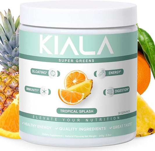 Kiala Nutrition Super Greens, Organic Greens Powder with Spirulina & Chlorella for Digestion, Gut Health, Immunity, Energy, Gluten Free, Vegan, Sugar Free, Spectra Blend, Tropical Splash, 30 Servings
