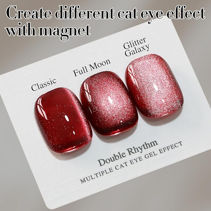 Double Rhythm Jelly Glass Cat Eye Gel Polish with Magnet 15ML Holographic Glitter Shimmer Translucent Sheer Color Magnetic Nail Polish Salon DIY at Home (Dark Red-MC1054)