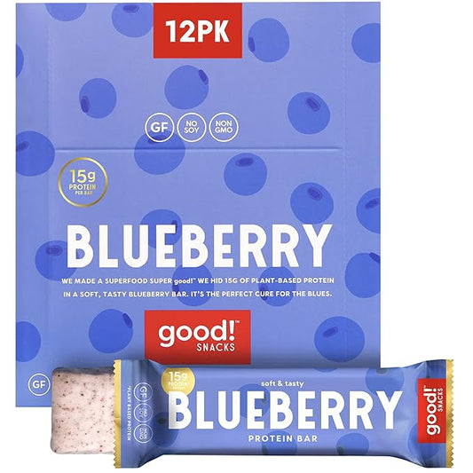good! Snacks Blueberry Vegan Protein Bar, Soy & Gluten Free, Plant Based, Low Sugar, 15g Clean Protein, Natural Healthy Superfood Snack, Kosher Friendly, For Athletes & Active Lifestyles, 12 Bars