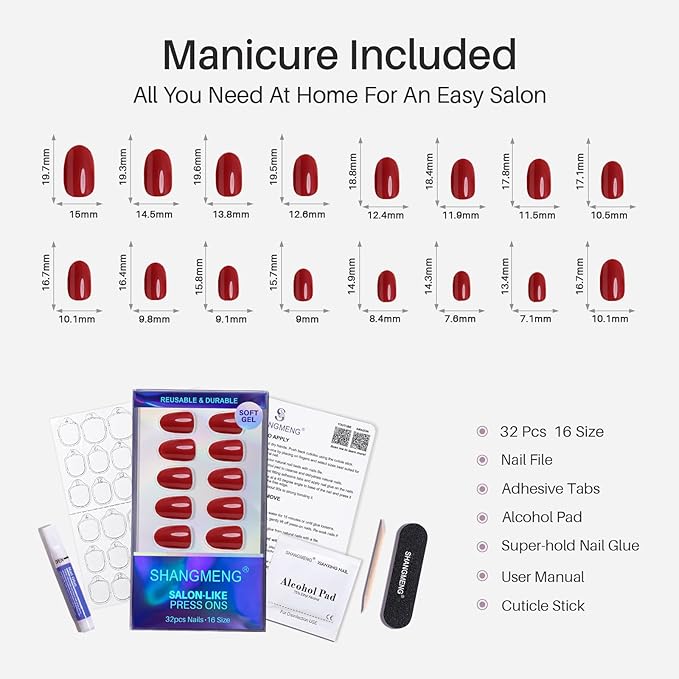 Red Press on Nails Oval for Women Gift - Soft Gel Press on Nails Short with Glue, Fit Perfectly & Natural Glue on Nails in 16 Sizes - 32 Reusable Fake Nails, Cherry Red