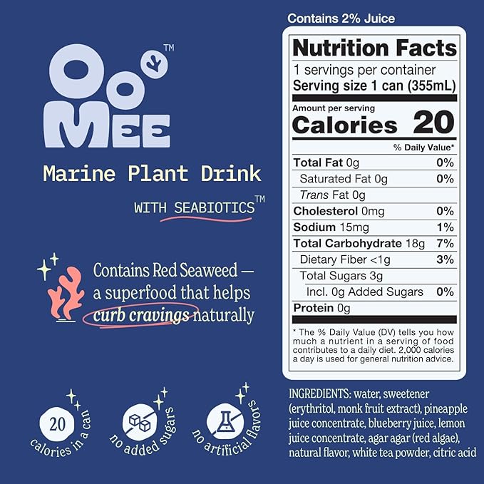 OoMee Prebiotic Beverage (12 Ounce Cans, Pack of 12) - Vegan, Sustainable Marine Sourced Prebiotics, Support Digestive Health, Plant-Based, Low Sugar (4 Pack, Blueberry & Elderflower)