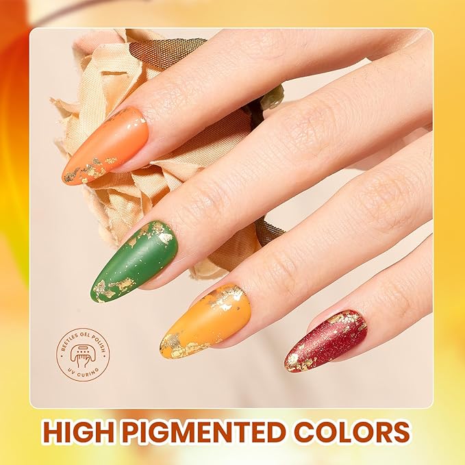 Beetles Fall Gel Nail Polish Set – Glint Crush 20 Colors Cat Eye Gel Polish, Glitter Yellow Orange Green Red Colors with Base Glossy Mattle Top Coat Soak Off UV LED Manicure Kit for DIY Salon