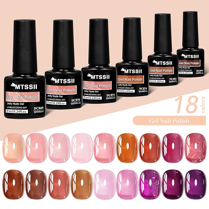 MTSSII Jelly Gel Nail Polish Set 18 Colors, Pink Red Purple Glitter Translucent Sheer Soak Off UV Gel for Nail Art DIY Manicure and Pedicure at Home