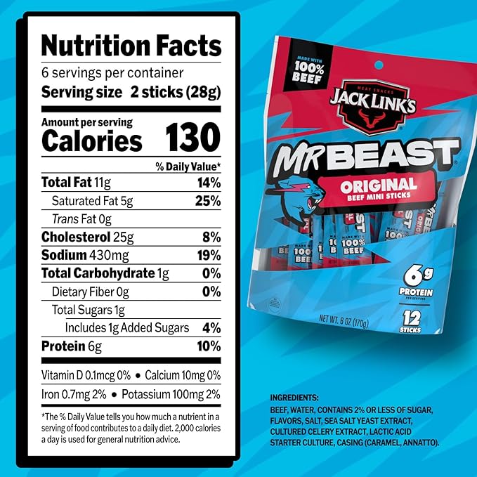 Jack Link’s x MrBeast Original Mini Beef Sticks – 6g Protein per Serving, Individually Wrapped Meat Snacks, Made with 100% Real Beef, Pantry-Ready, Kids Snacks, 0.5oz (12 Count)