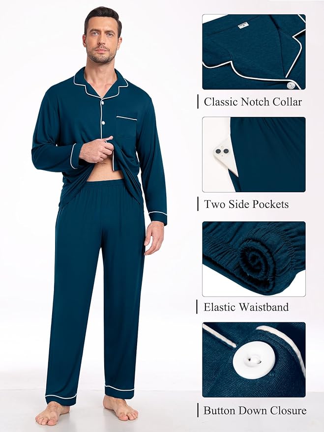 Men Modal Pajama Set Long Sleeve Pjs Button Down Sleepwear Soft Comfy Loungewear Sets 2 Piece Nightwear S-3XL