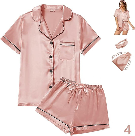 4Pcs Womens Satin Silky Pajama Sets Short Sleeve Shirt XS-4XL Floral Pajamas Set Soft PJ Loungewear Sleepwear