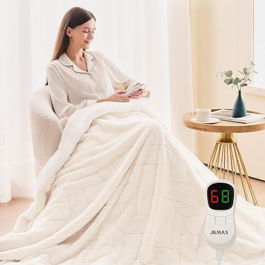 Heated Electric Blanket- Electric Throw Blanket 100"x90" for Bed- Heated Blanket with 5 Heating Levels& 4 Hours Auto Off for Home Office - Soft Faux Fur Heating Blanket for Full Body(Beige)