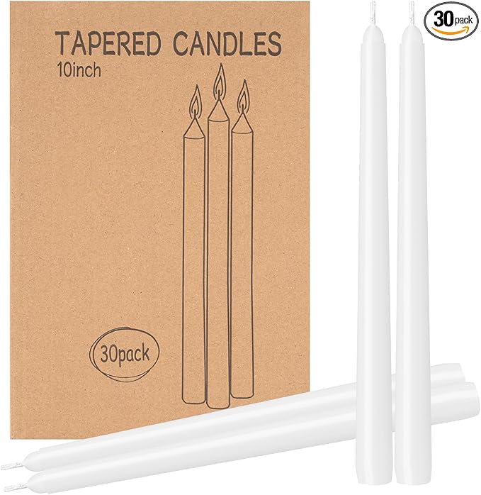 30 Pack White Taper Candles - 10 inch Dripless, Smokeless & Unscented | Long Burning 8 Hours | Hand Poured Tall Candlesticks | Bulk Decorative Candles for Home, Weddings & Parties