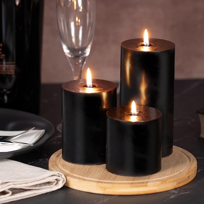 KONNI Black Pillar Candles Set of 3, 3"x 3" Unscented Pillar Candles Bulk, 30 Hours Long Burning Candles, Smokeless&Dripless Large Round Candle for Wedding, Home Decoration, Parties, Spas, Dinner