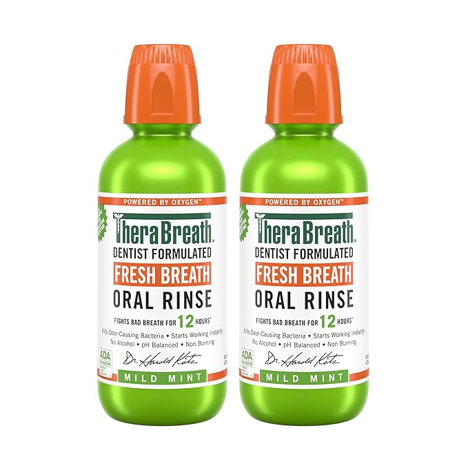 TheraBreath Fresh Breath Mouthwash, Mild Mint Flavor, Alcohol-Free, 16 Fl Oz (2-Pack)