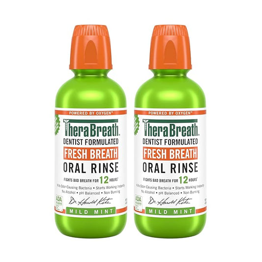 TheraBreath Fresh Breath Mouthwash, Mild Mint Flavor, Alcohol-Free, 16 Fl Oz (2-Pack)